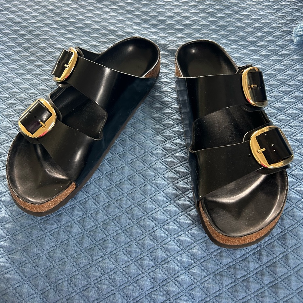 Birkenstock Black Sandals with Gold Buckles
